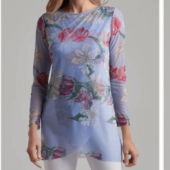 Ala Von Auersperg Diane Sheer Mesh Tunic Top Blue Floral Botanical Womens Size M - Picture 1 of 8